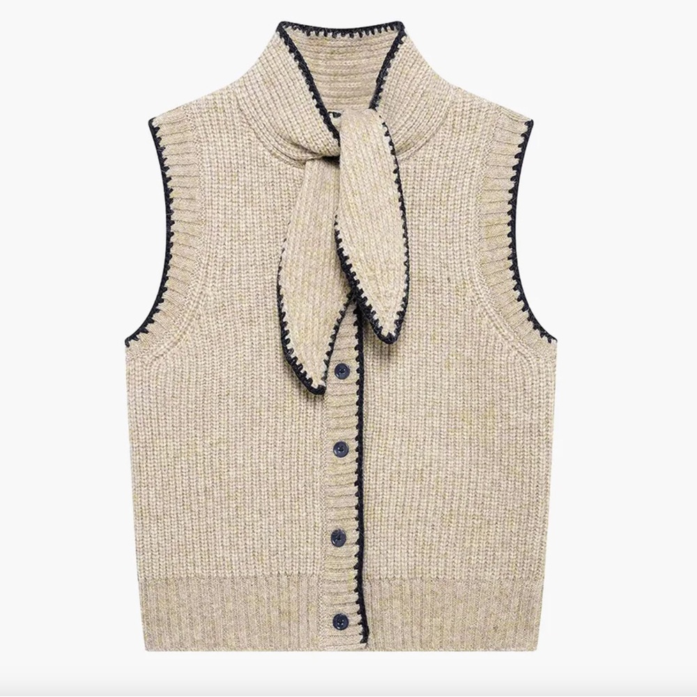 Commense Tie Neck Contrast Trim Button Sweater Vest Size L NWT In Khaki - Picture 4 of 13